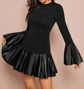 Elegant Black Leather Ruffle Hem Dress