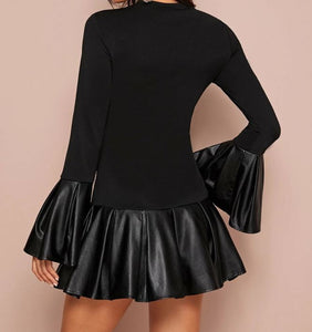 Elegant Black Leather Ruffle Hem Dress