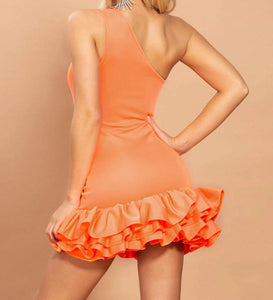 Sexy One Shoulder Ruffle Hem Orange Dress
