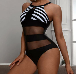 Sexy Striped Contrast Mesh Halter One Piece Swimsuit