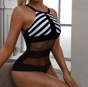 Sexy Striped Contrast Mesh Halter One Piece Swimsuit