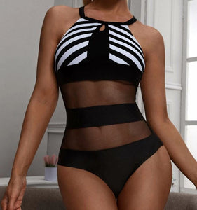 Sexy Striped Contrast Mesh Halter One Piece Swimsuit